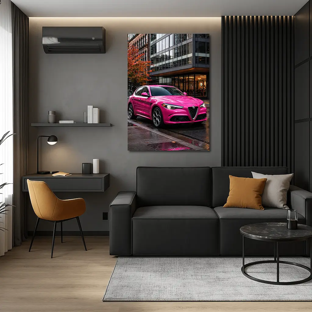 Pink Alfa Romeo Stelvio Rainy City Street – Wall Art