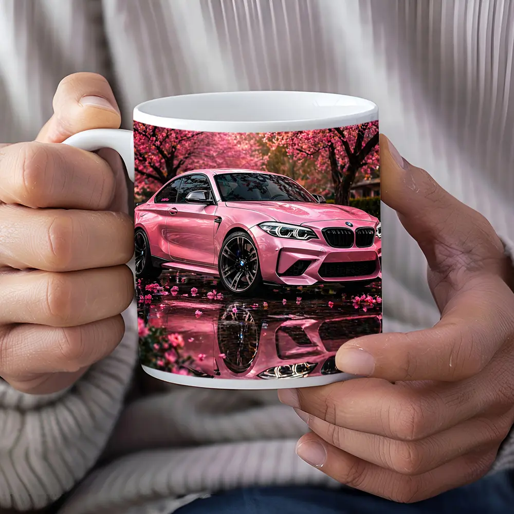 Pink BMW M2 Under Cherry Blossom Trees – Mugs