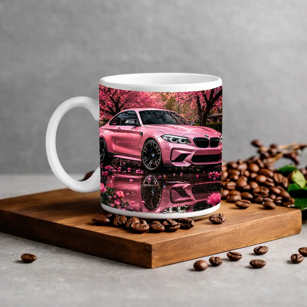 Pink BMW M2 Under Cherry Blossom Trees – Mugs