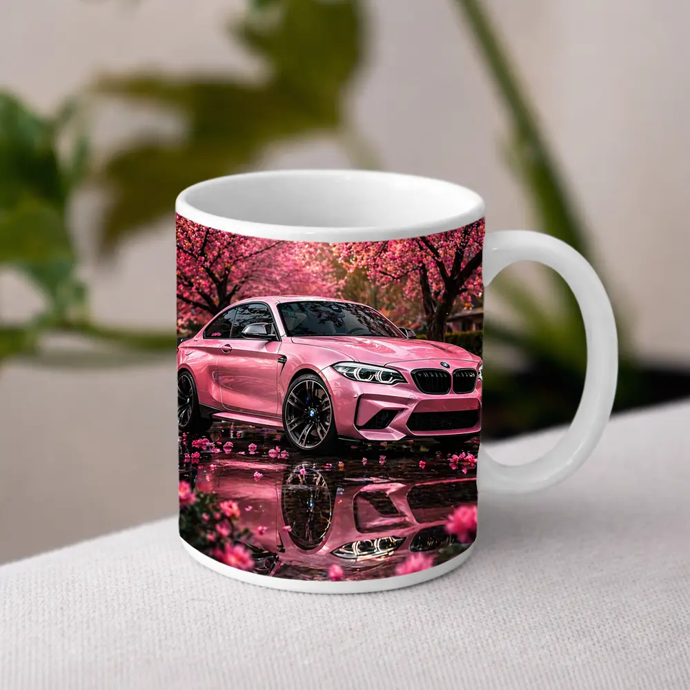Pink BMW M2 Under Cherry Blossom Trees – Mugs