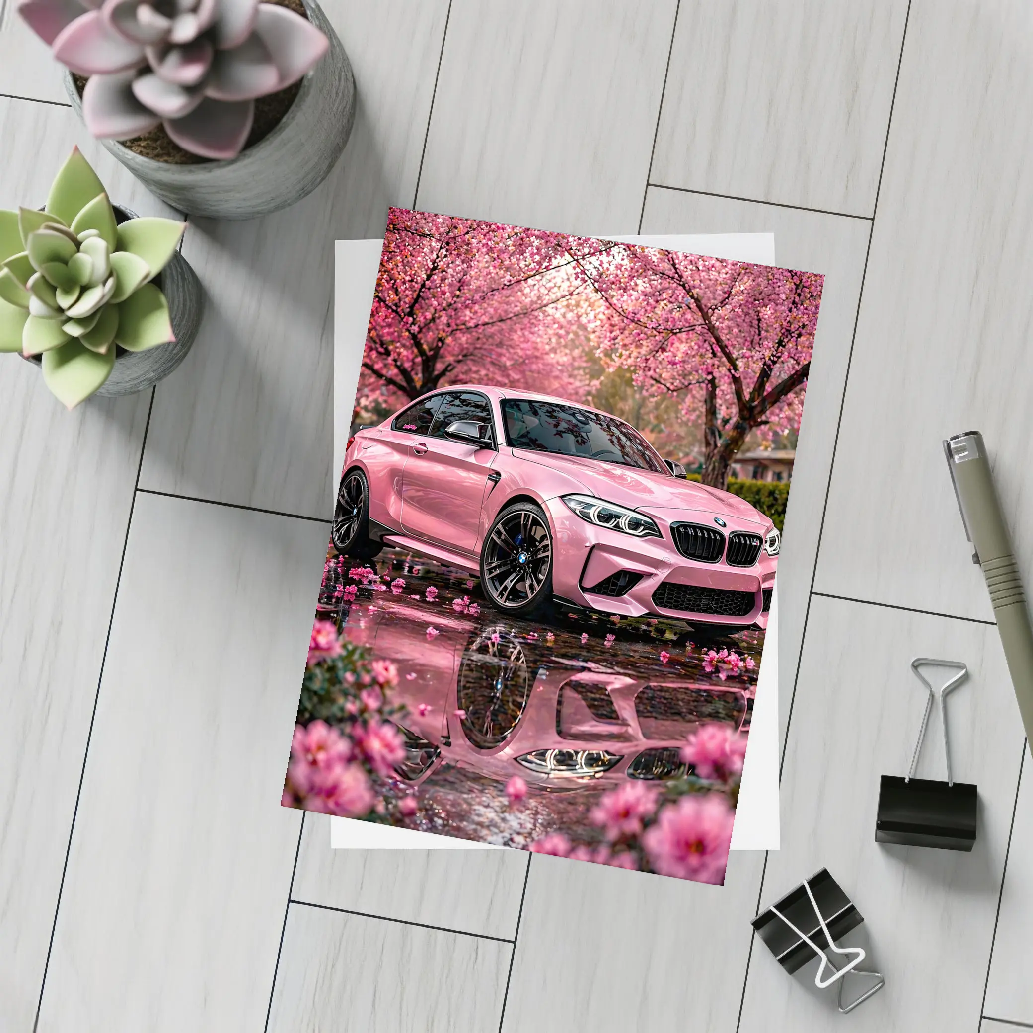 Pink BMW M2 Under Cherry Blossom Trees – Postcards