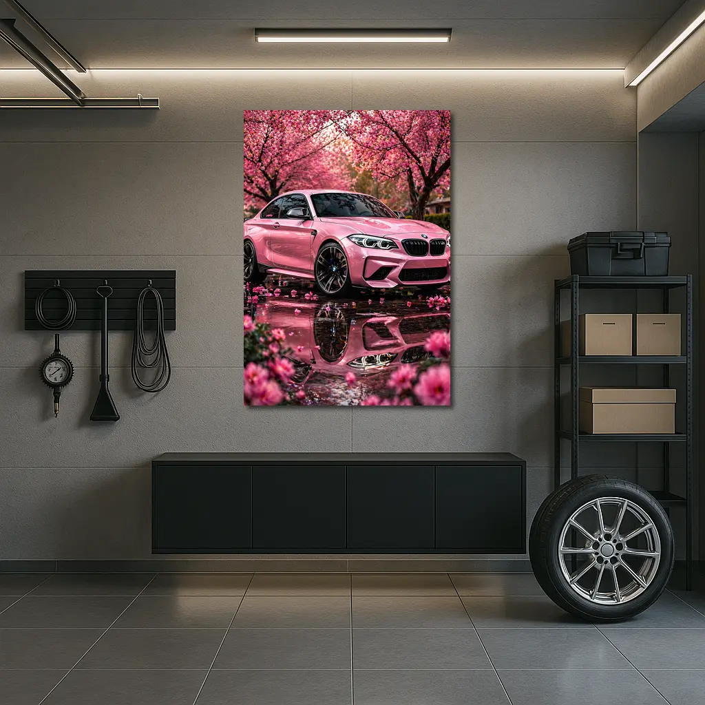 Pink BMW M2 Under Cherry Blossom Trees – Wall Art