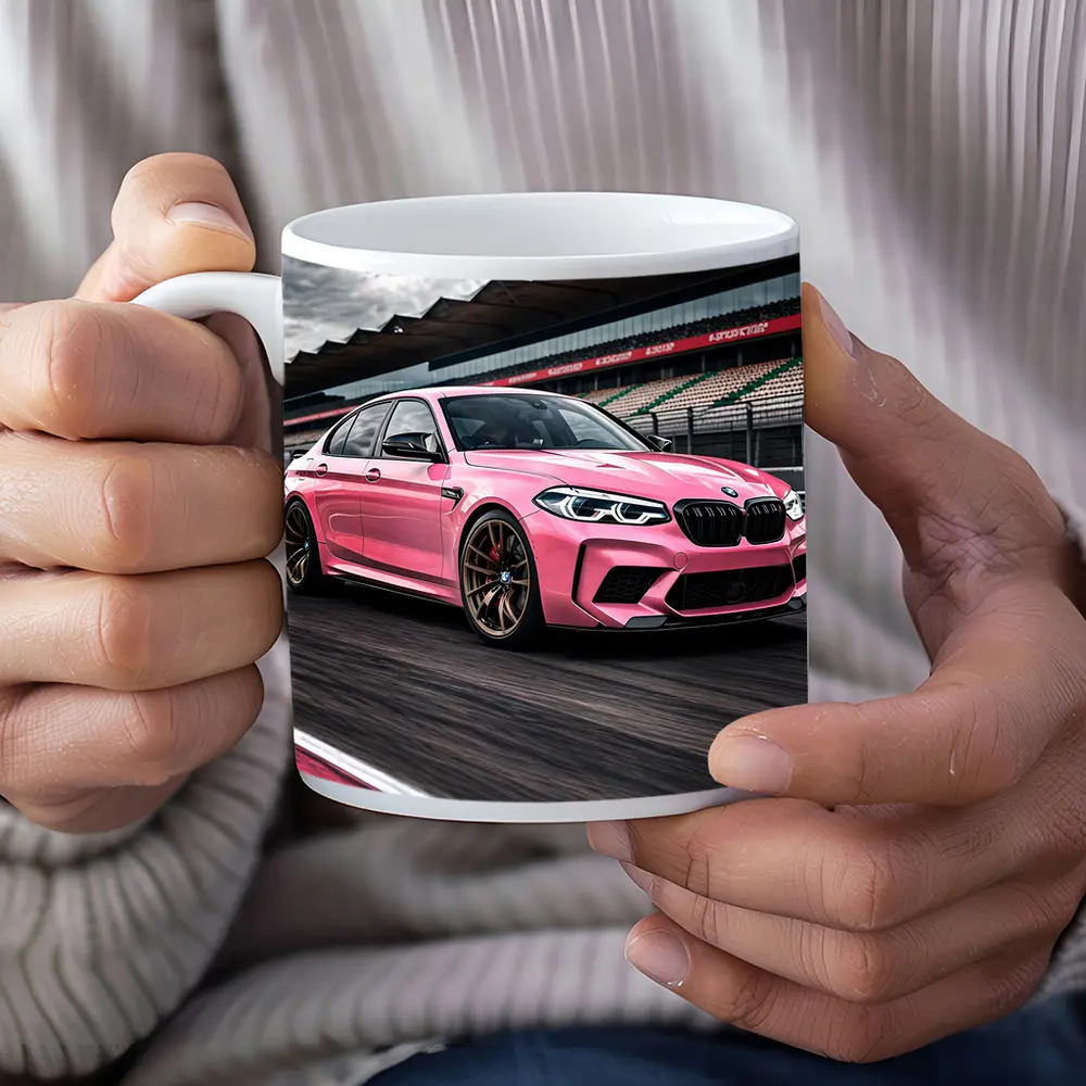 Pink BMW M5 on Racing Track – Mugs