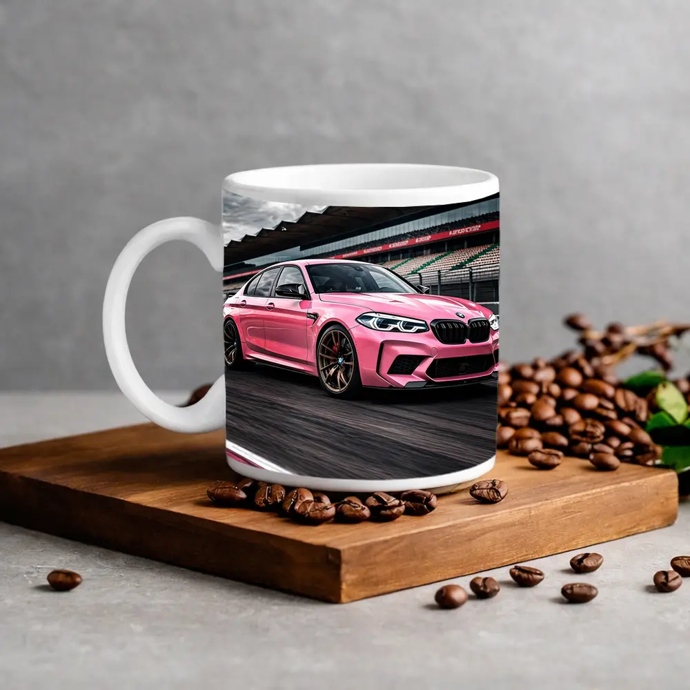 Pink BMW M5 on Racing Track – Mugs
