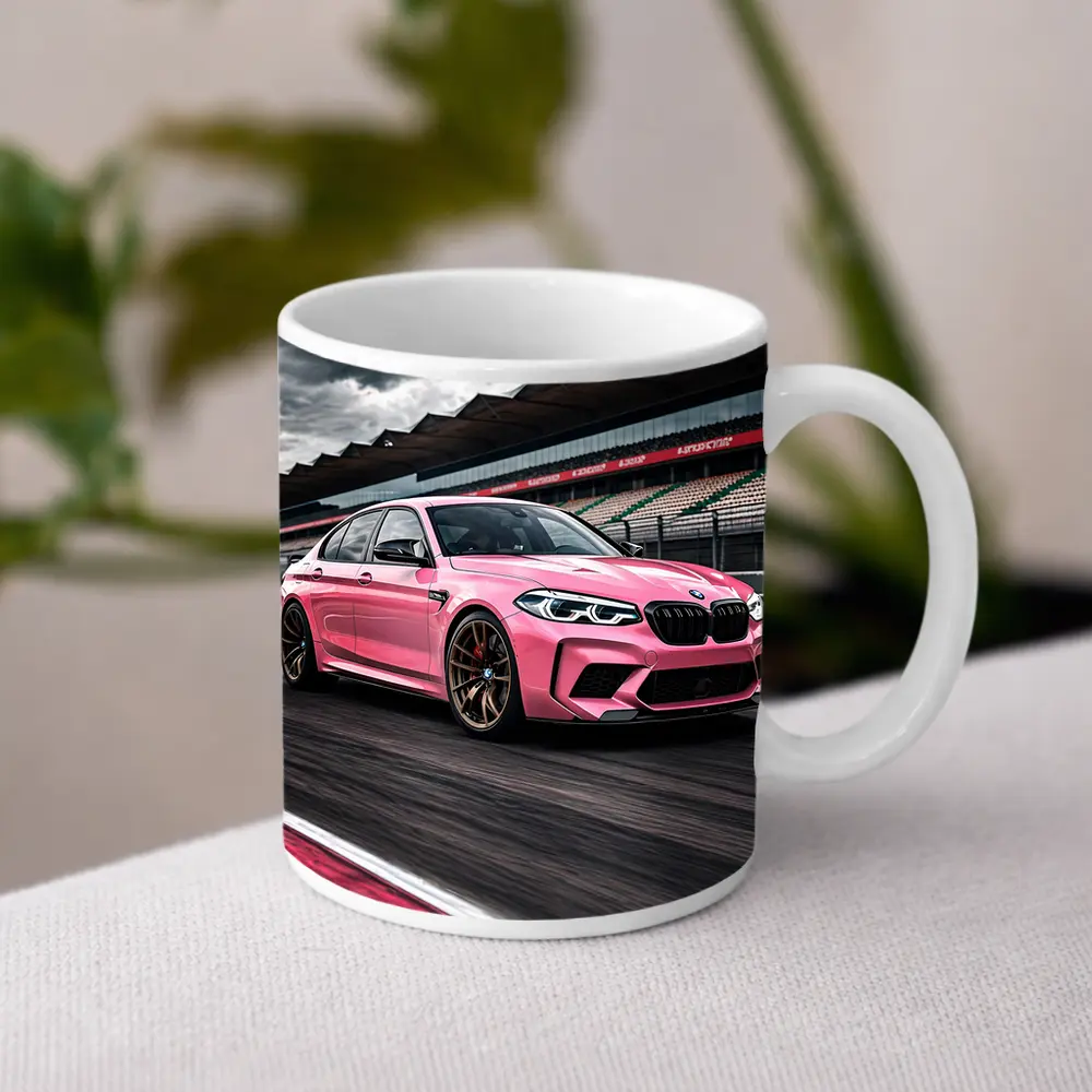 Pink BMW M5 on Racing Track – Mugs