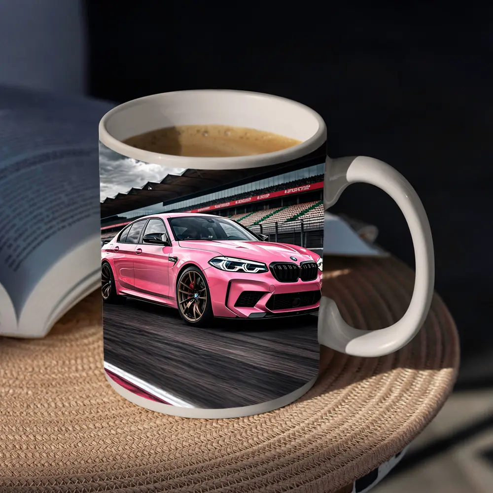 Pink BMW M5 on Racing Track – Mugs