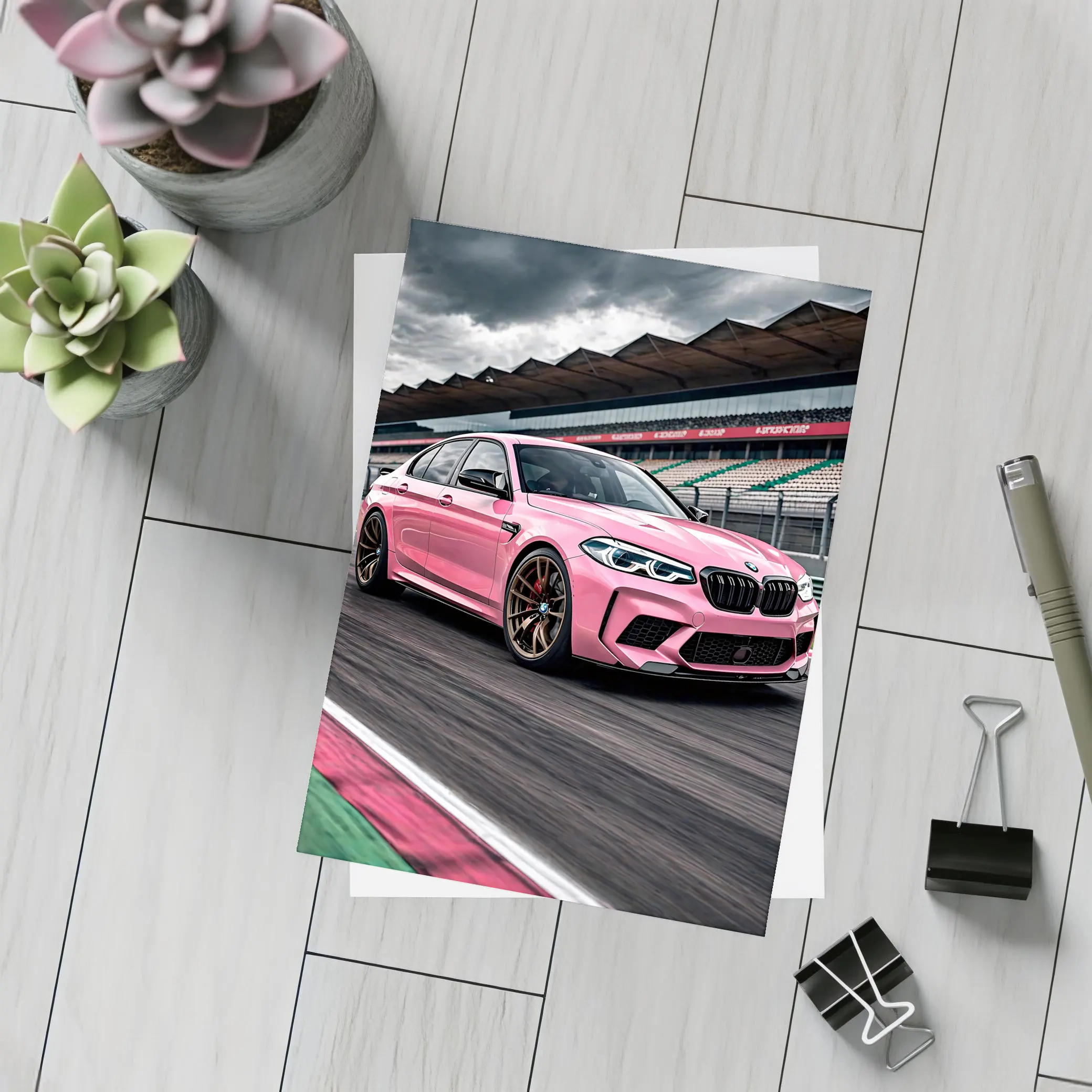 Pink BMW M5 on Racing Track – Postcards