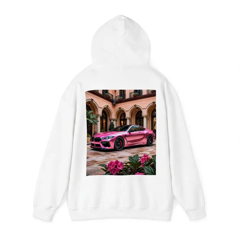 Pink BMW M8 Parked Outside Luxury Mansion – Hoodies