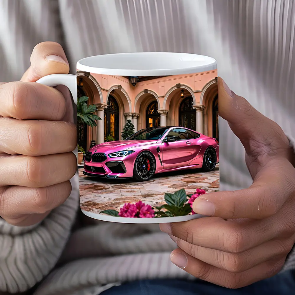 Pink BMW M8 Parked Outside Luxury Mansion – Mugs