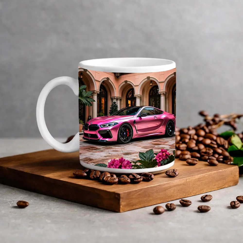 Pink BMW M8 Parked Outside Luxury Mansion – Mugs