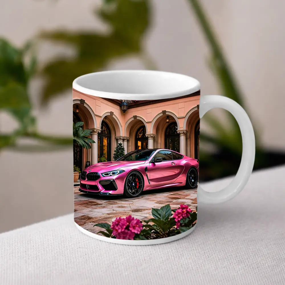 Pink BMW M8 Parked Outside Luxury Mansion – Mugs