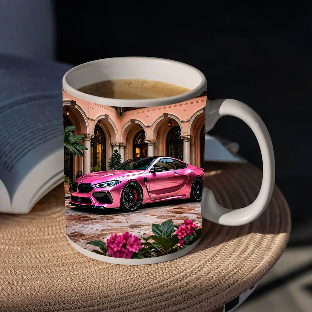 Pink BMW M8 Parked Outside Luxury Mansion – Mugs