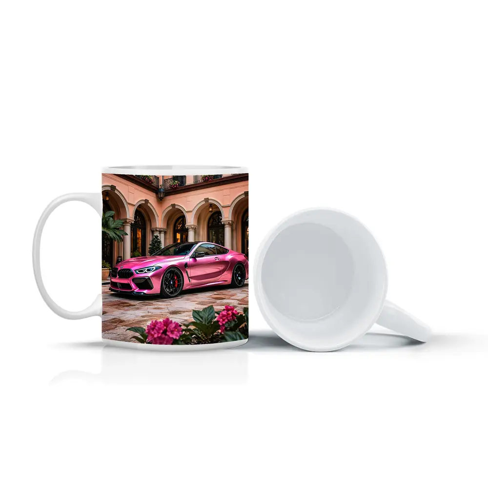 Pink BMW M8 Parked Outside Luxury Mansion – Mugs