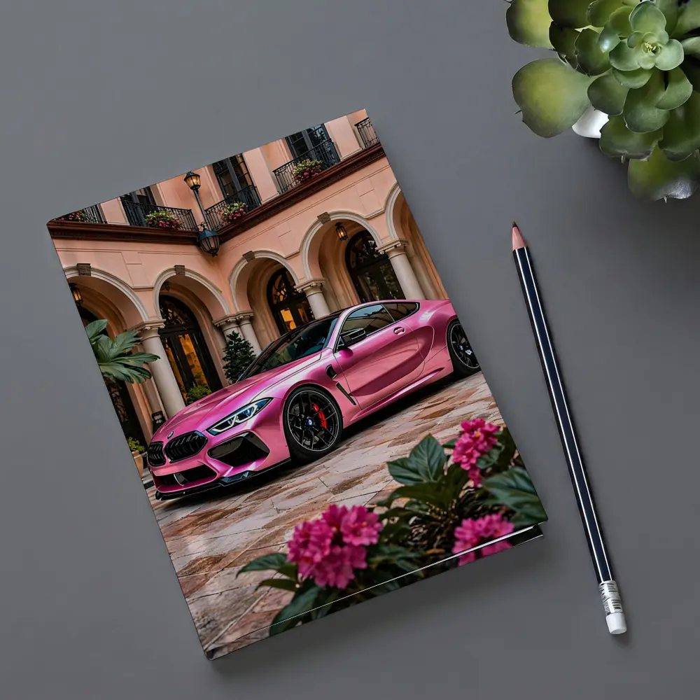 Pink BMW M8 Parked Outside Luxury Mansion – Notebooks