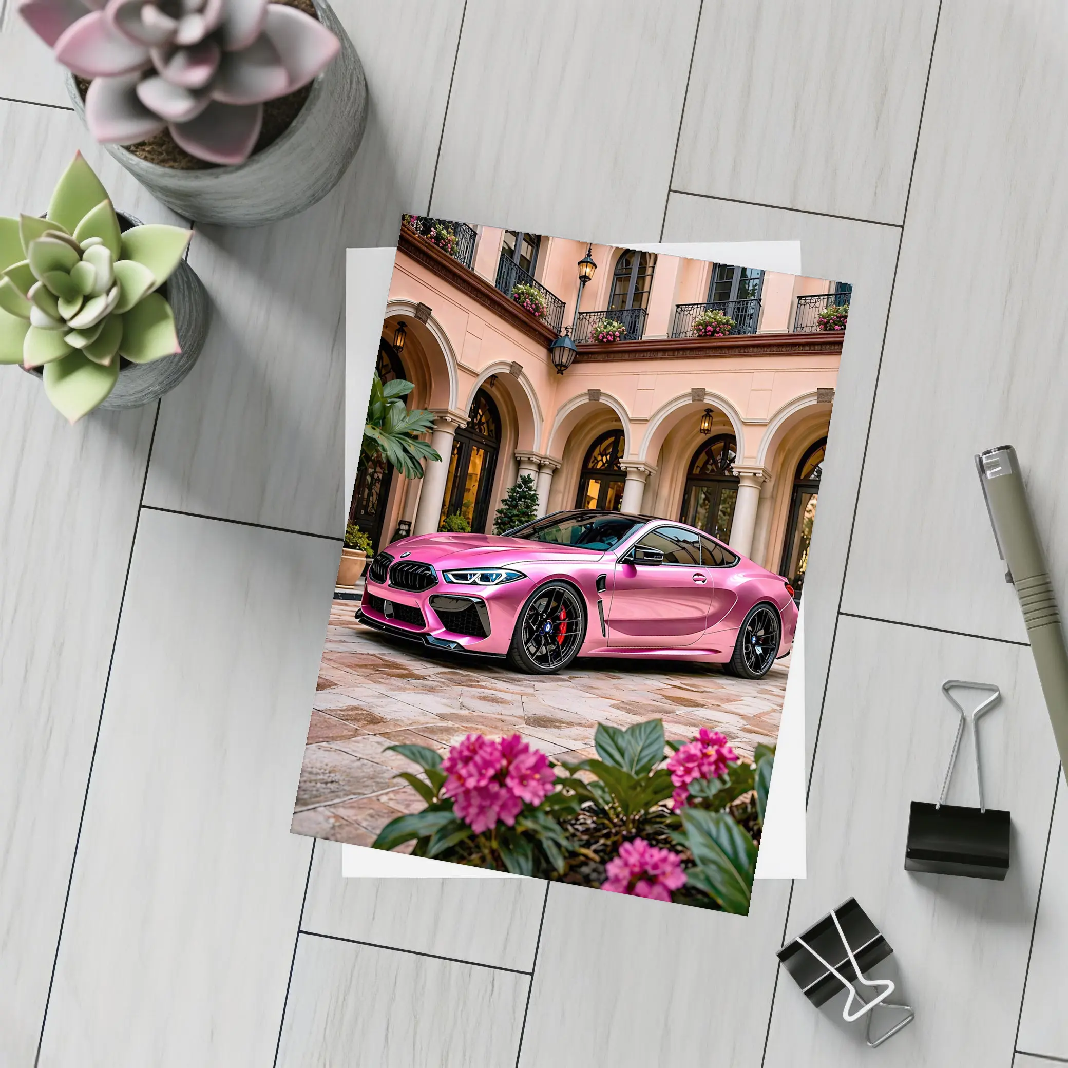 Pink BMW M8 Parked Outside Luxury Mansion – Postcards