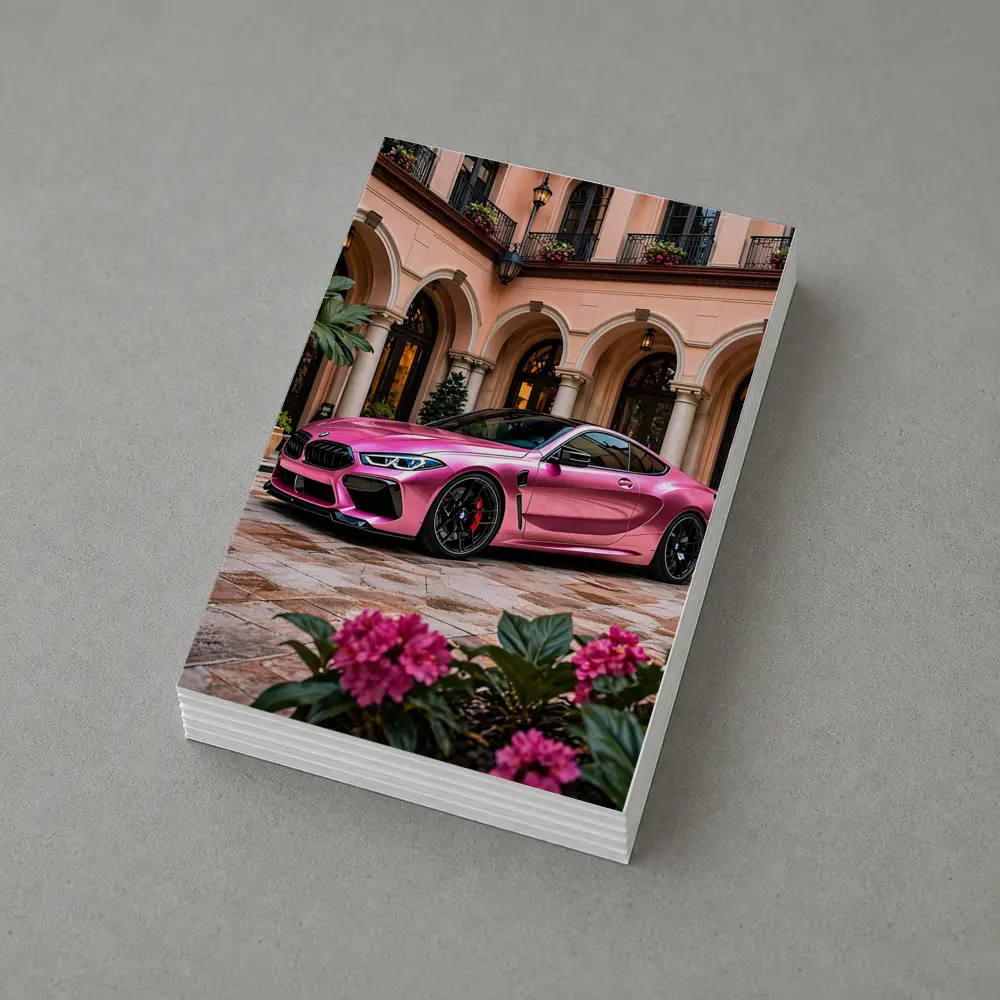 Pink BMW M8 Parked Outside Luxury Mansion – Postcards