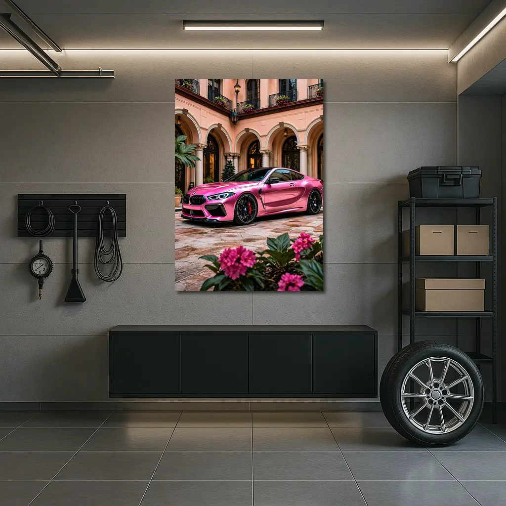 Pink BMW M8 Parked Outside Luxury Mansion – Wall Art