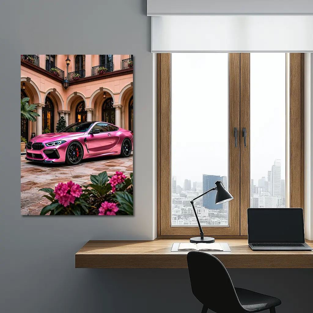 Pink BMW M8 Parked Outside Luxury Mansion – Wall Art