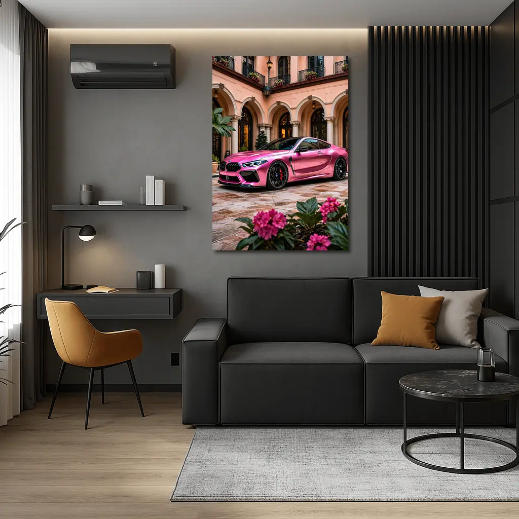 Pink BMW M8 Parked Outside Luxury Mansion – Wall Art