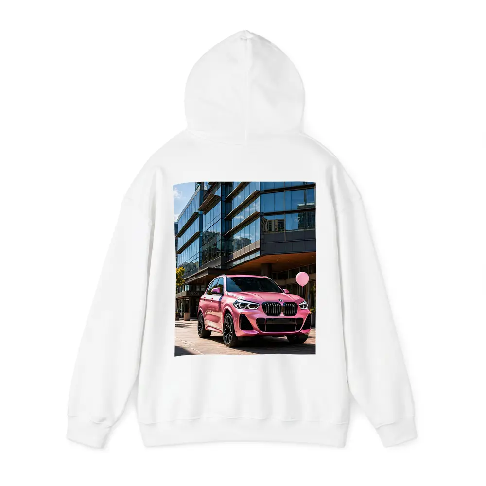 Pink BMW X5 Parked Outside Glass Building – Hoodies