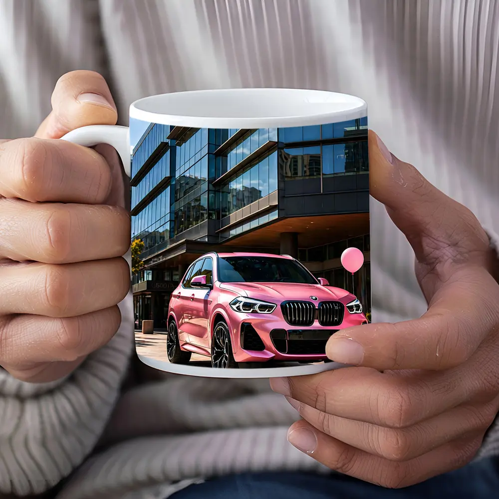 Pink BMW X5 Parked Outside Glass Building – Mugs