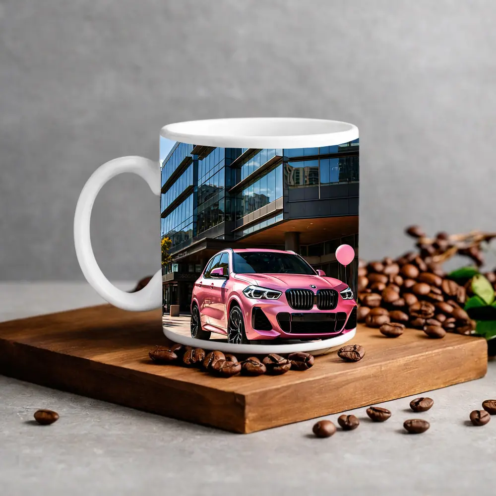 Pink BMW X5 Parked Outside Glass Building – Mugs