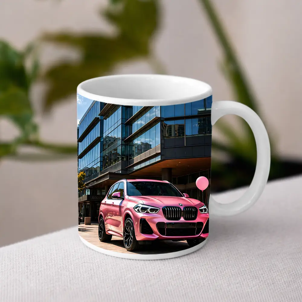 Pink BMW X5 Parked Outside Glass Building – Mugs