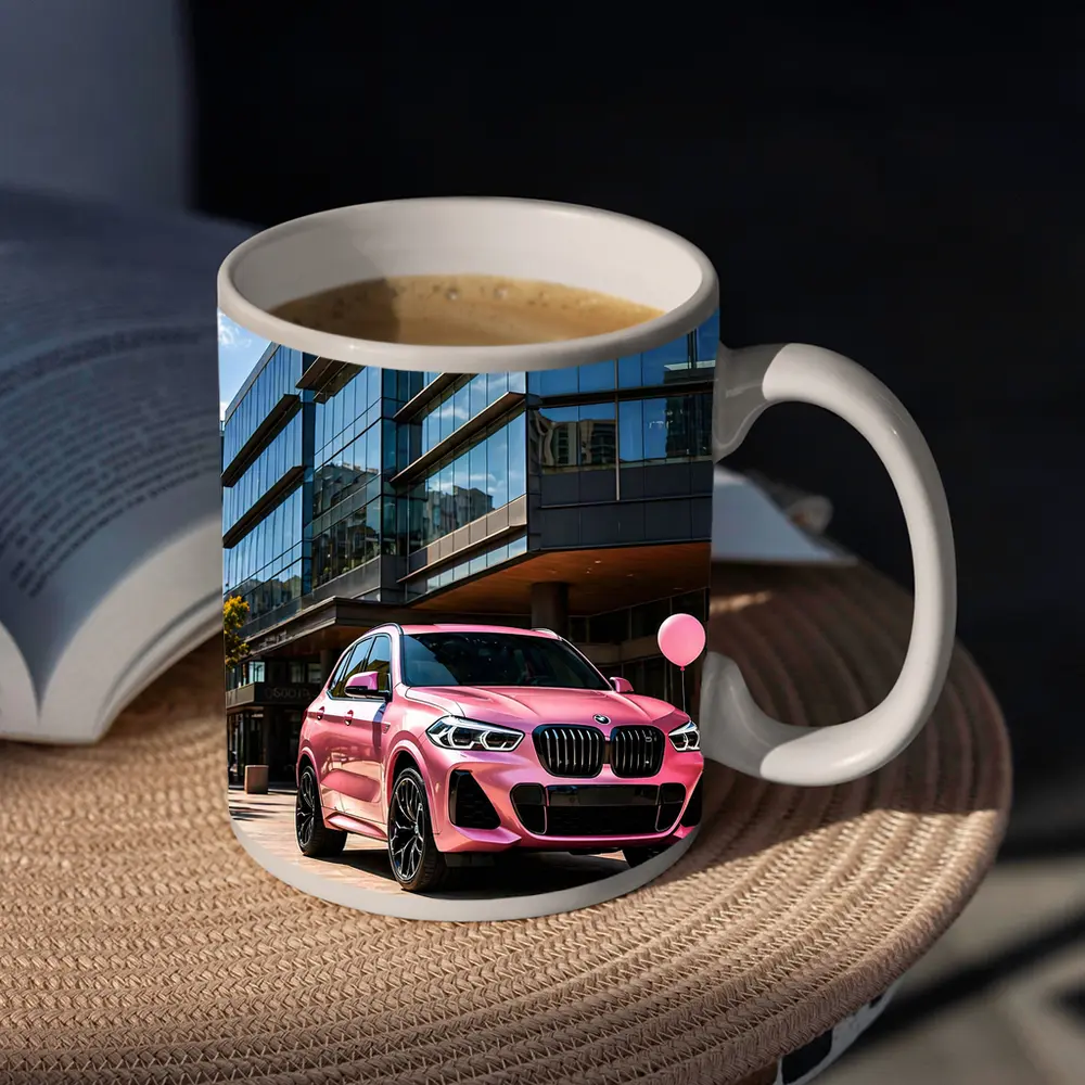 Pink BMW X5 Parked Outside Glass Building – Mugs