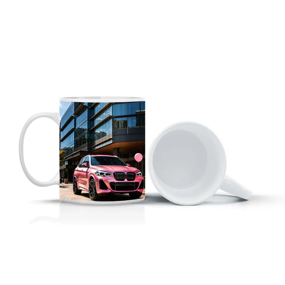 Pink BMW X5 Parked Outside Glass Building – Mugs