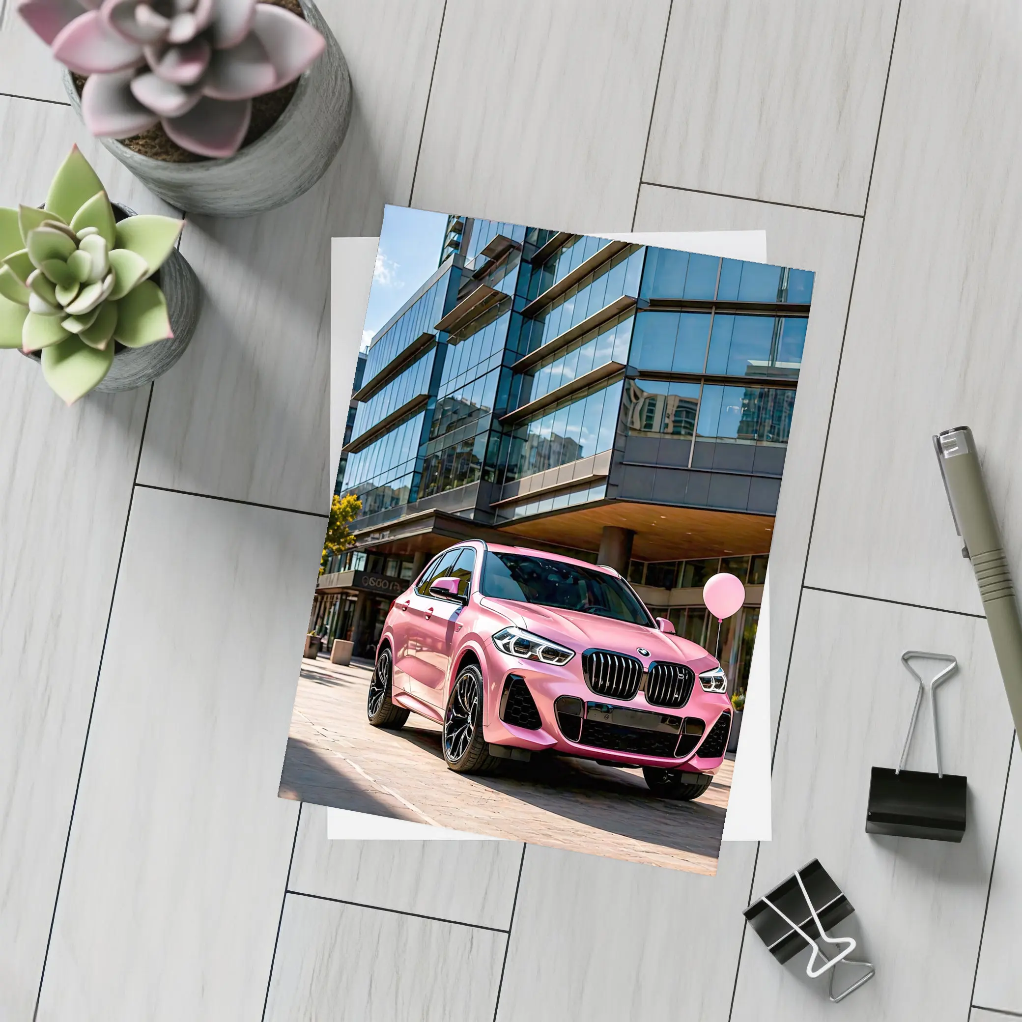 Pink BMW X5 Parked Outside Glass Building – Postcards