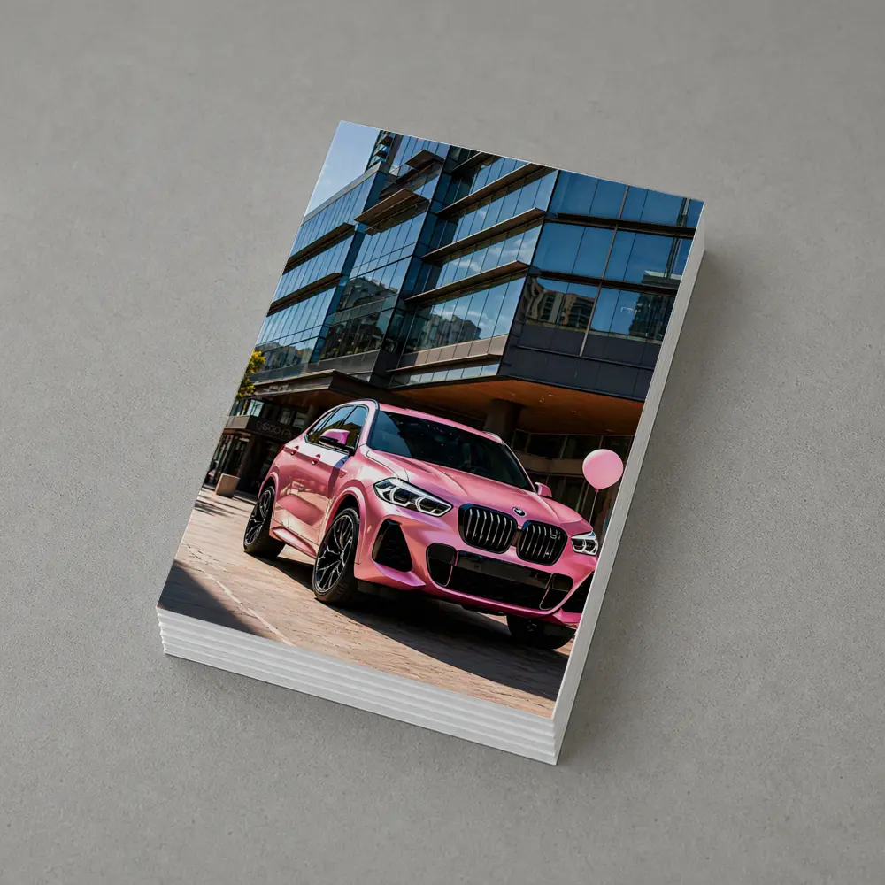 Pink BMW X5 Parked Outside Glass Building – Postcards