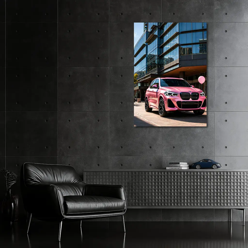 Pink BMW X5 Parked Outside Glass Building – Wall Art