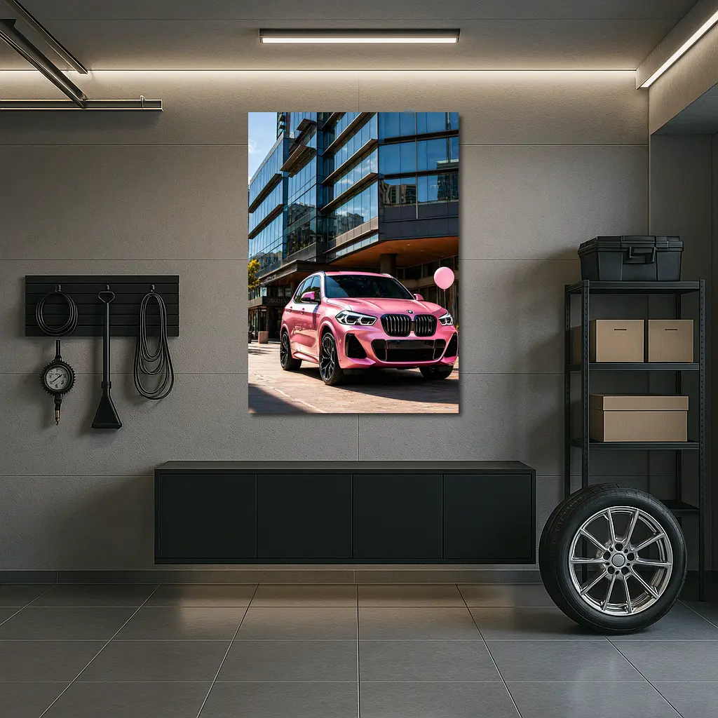 Pink BMW X5 Parked Outside Glass Building – Wall Art