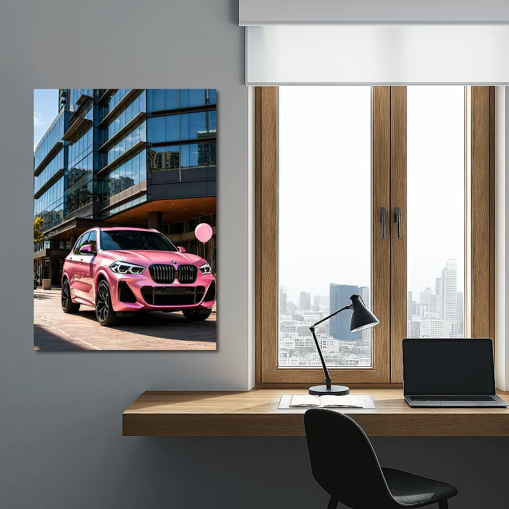 Pink BMW X5 Parked Outside Glass Building – Wall Art