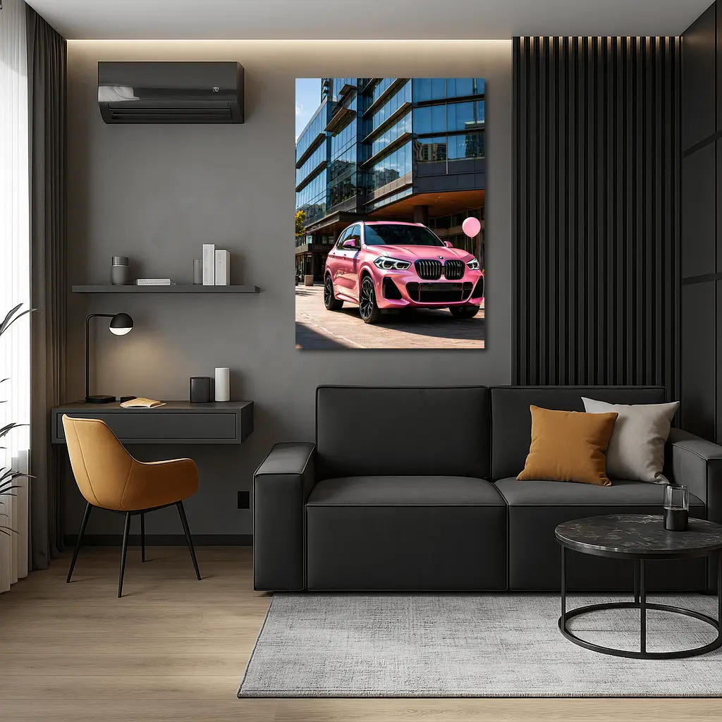 Pink BMW X5 Parked Outside Glass Building – Wall Art
