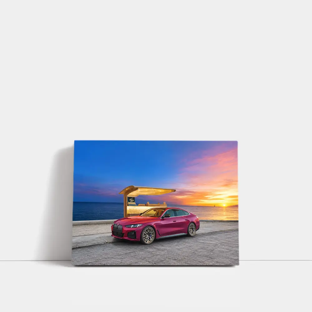 BMW i4 M50 Red Sunset Coastal Scene – Wall Art