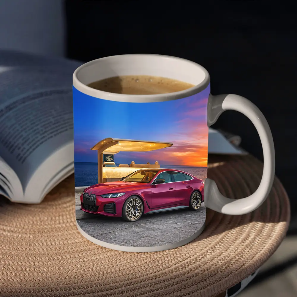 BMW i4 M50 Red Sunset Coastal Scene – Mugs