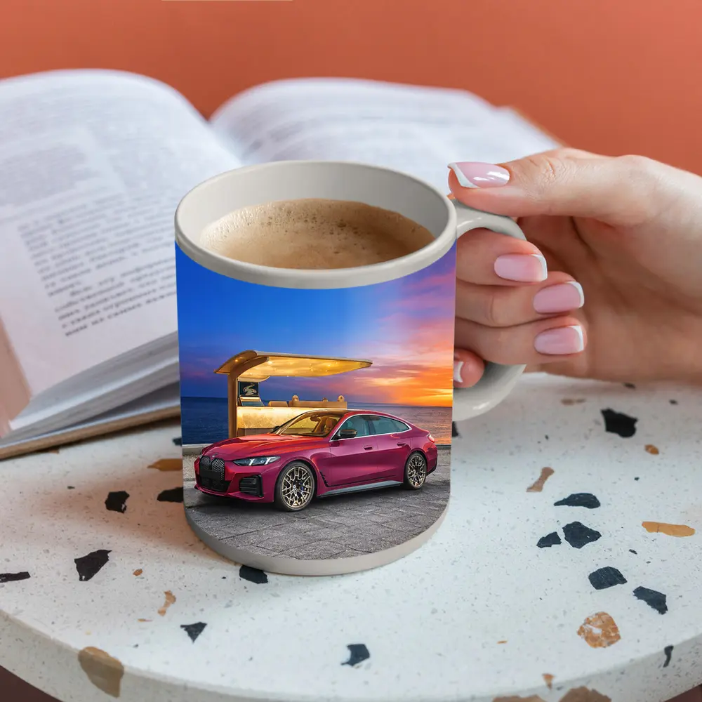 BMW i4 M50 Red Sunset Coastal Scene – Mugs