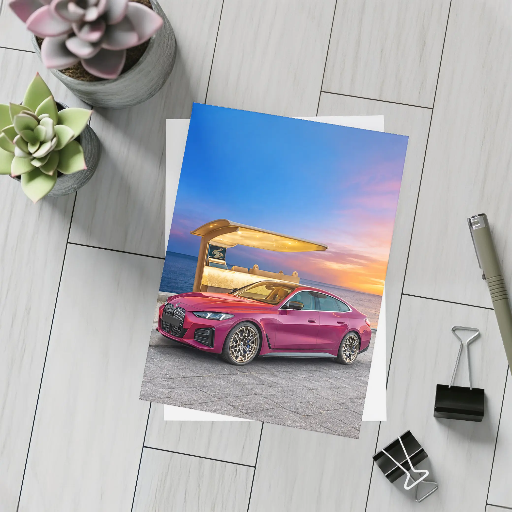 BMW i4 M50 Red Sunset Coastal Scene – Postcards
