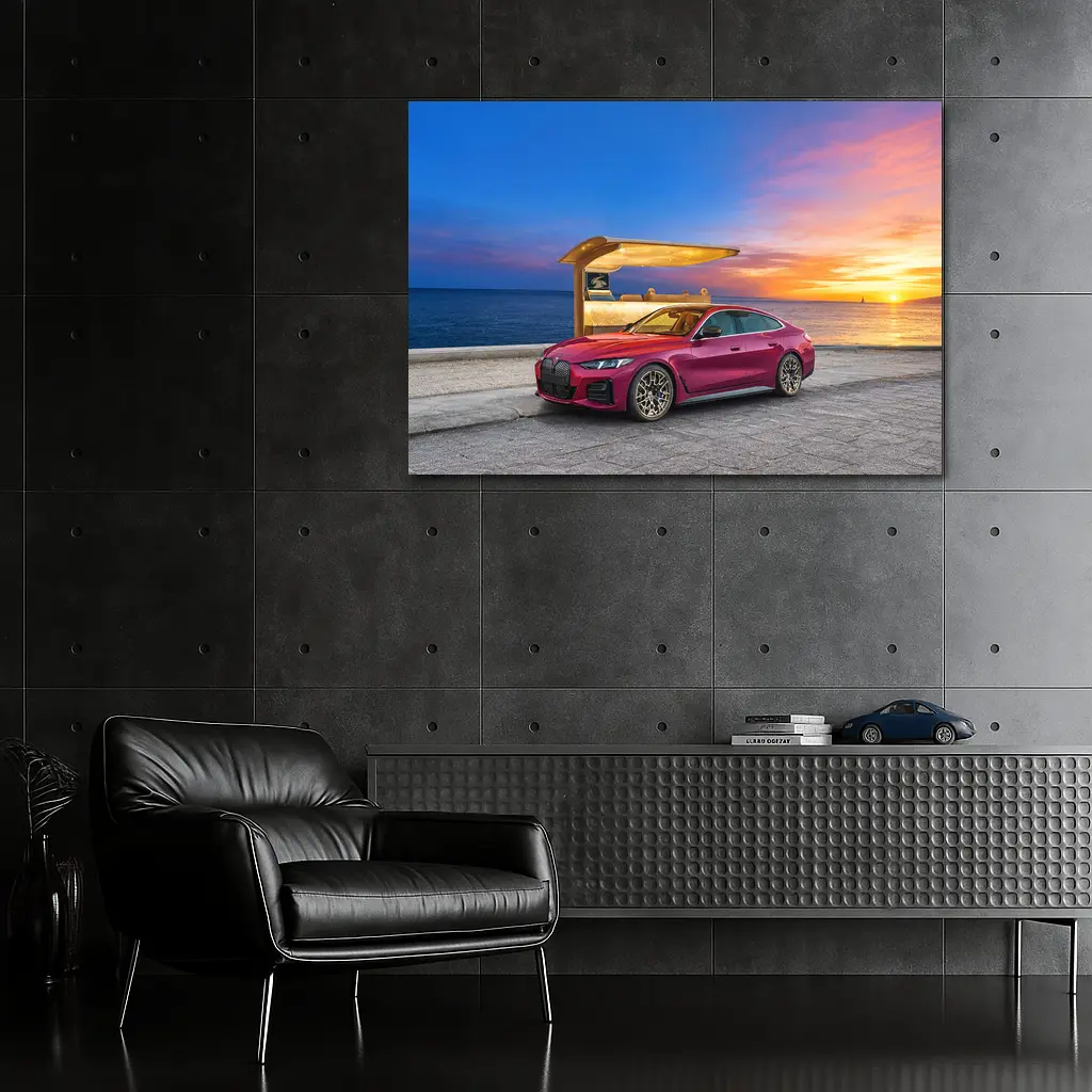 BMW i4 M50 Red Sunset Coastal Scene – Wall Art