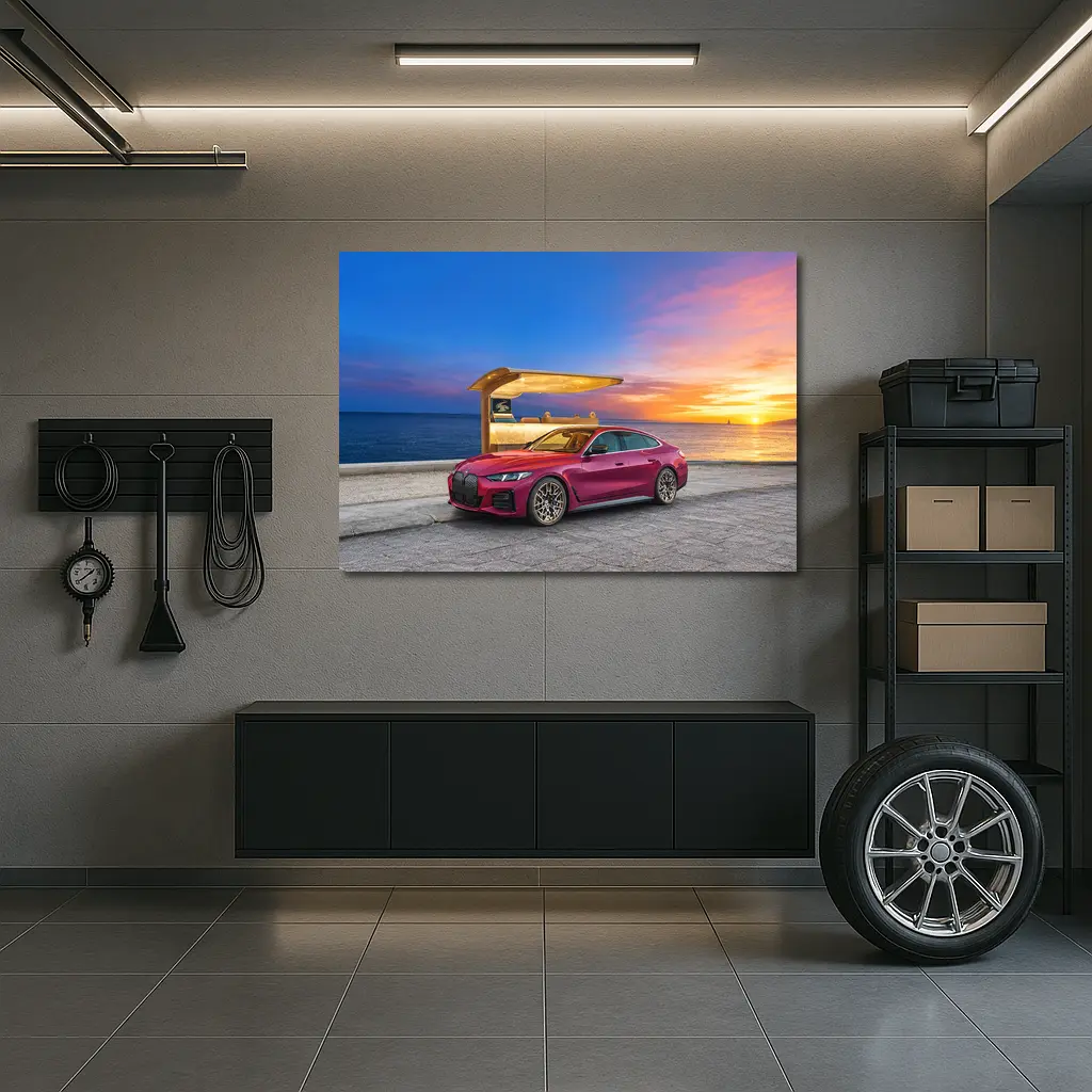 BMW i4 M50 Red Sunset Coastal Scene – Wall Art