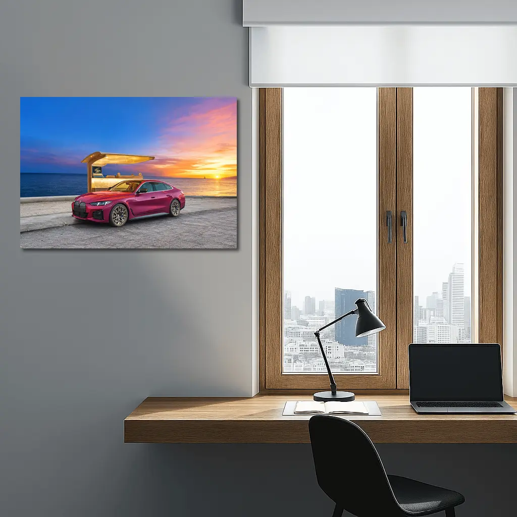 BMW i4 M50 Red Sunset Coastal Scene – Wall Art