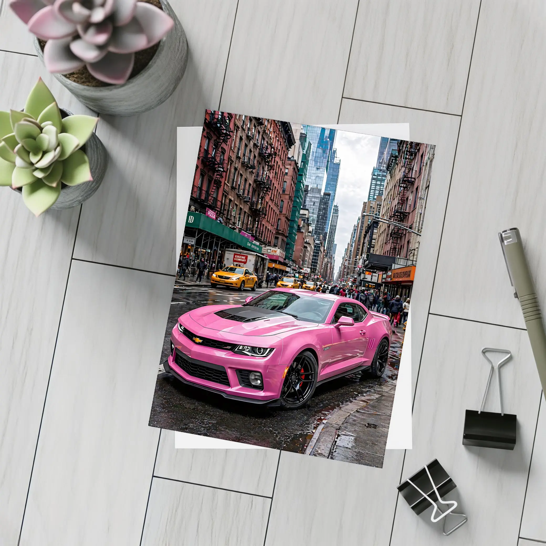 Pink Chevrolet Camaro SS New York City Streets – Postcards