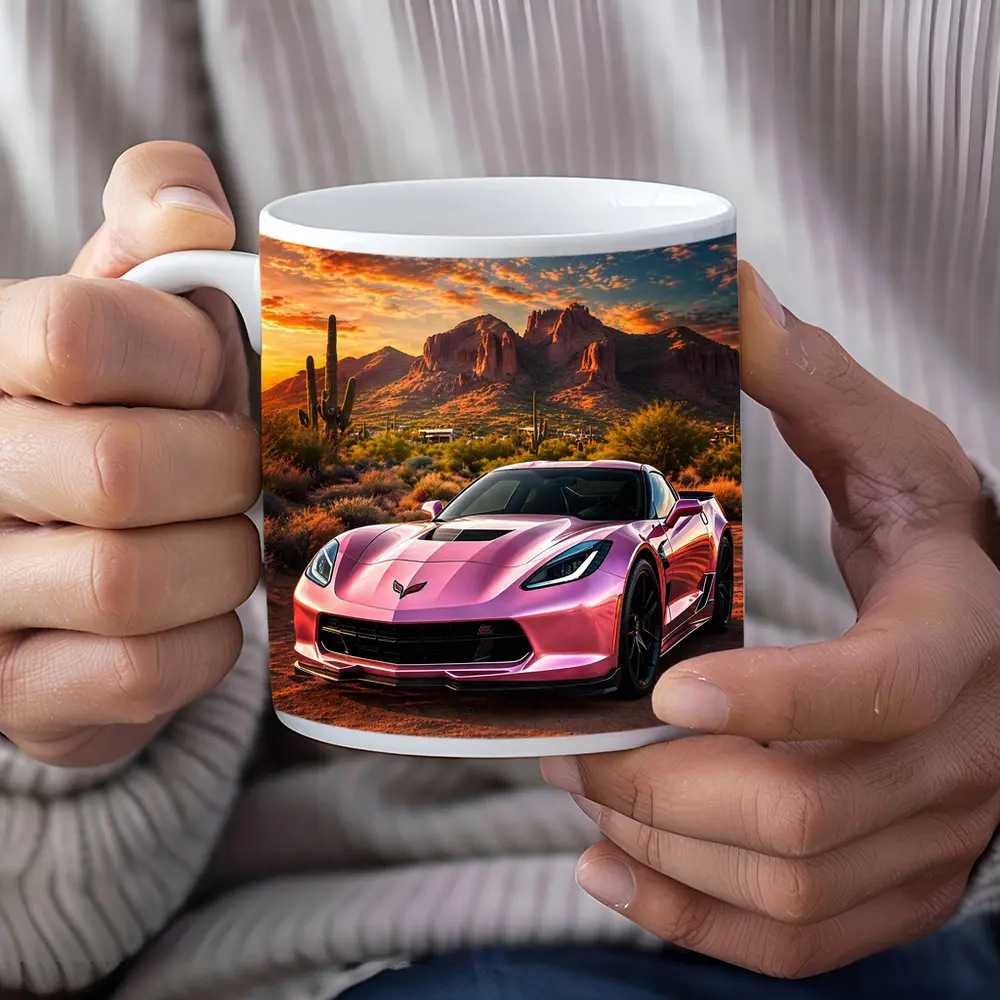Pink Chevrolet Corvette Desert Sunset Scene – Mugs