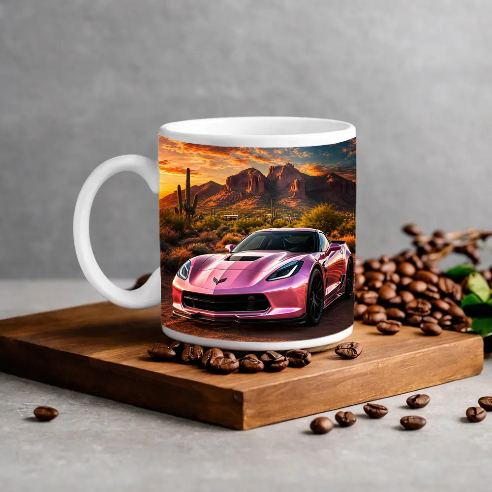 Pink Chevrolet Corvette Desert Sunset Scene – Mugs