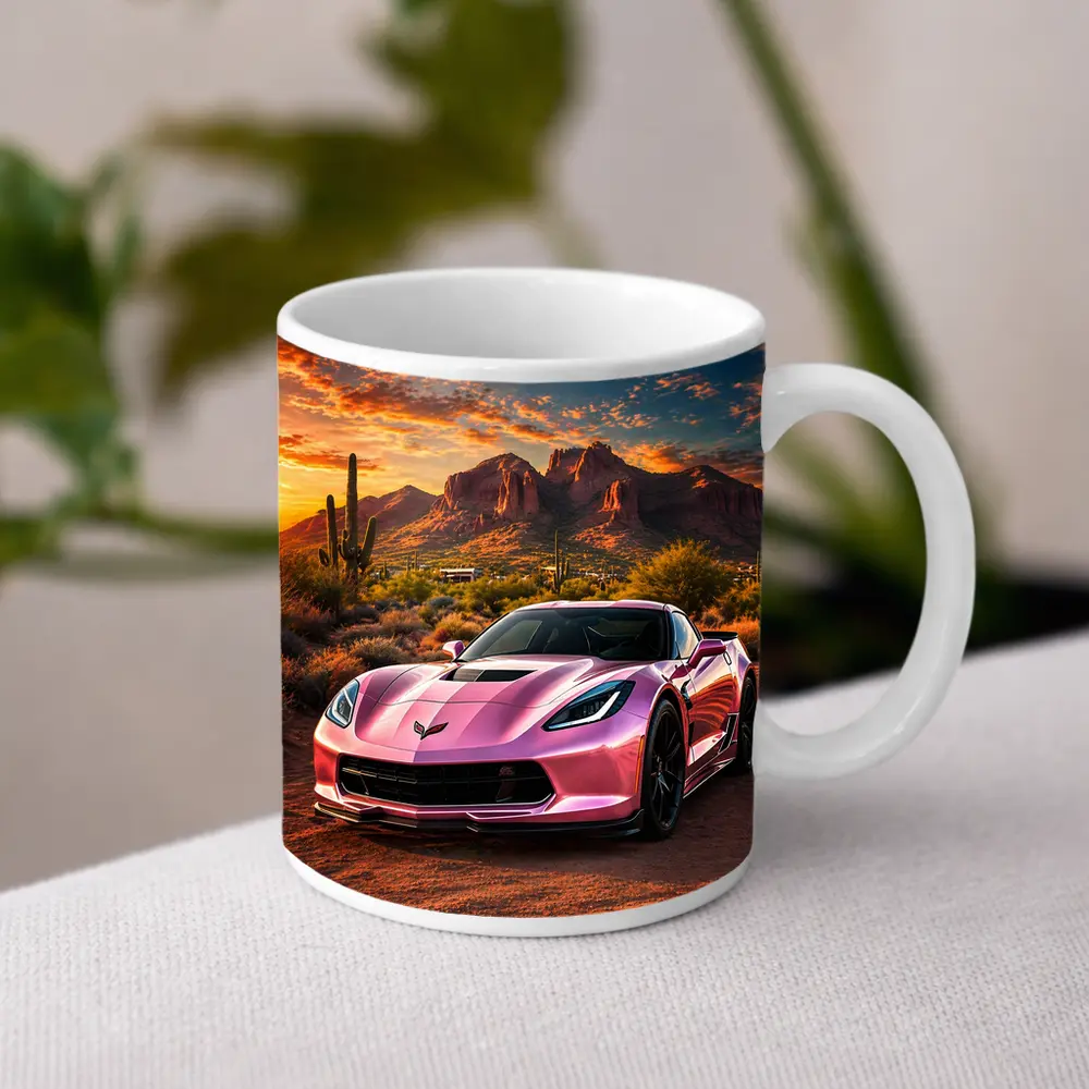 Pink Chevrolet Corvette Desert Sunset Scene – Mugs