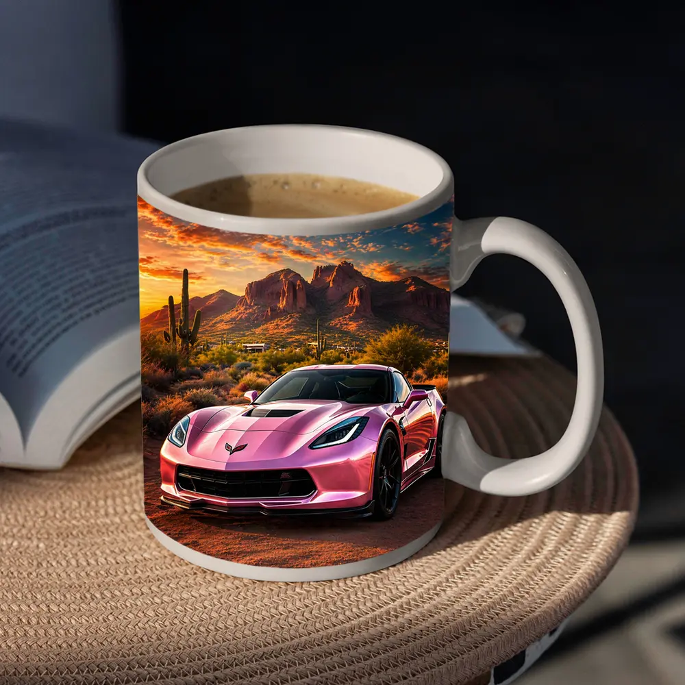 Pink Chevrolet Corvette Desert Sunset Scene – Mugs