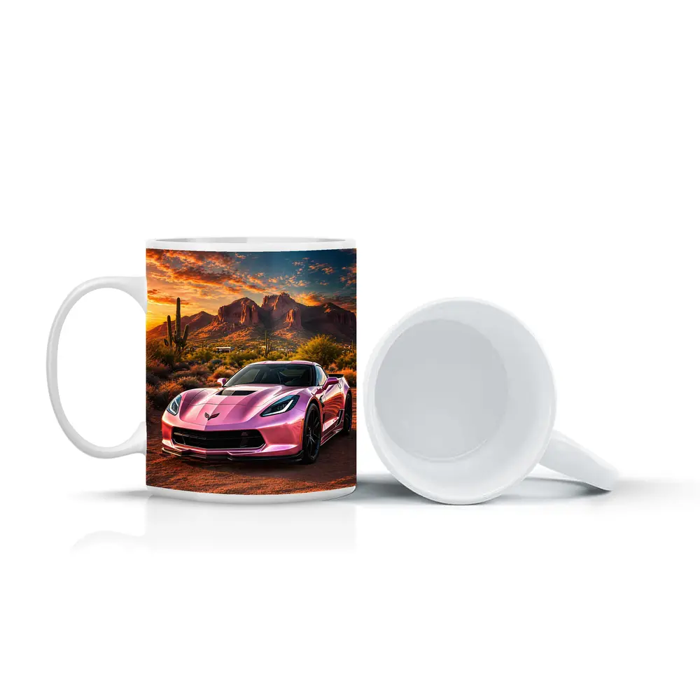 Pink Chevrolet Corvette Desert Sunset Scene – Mugs
