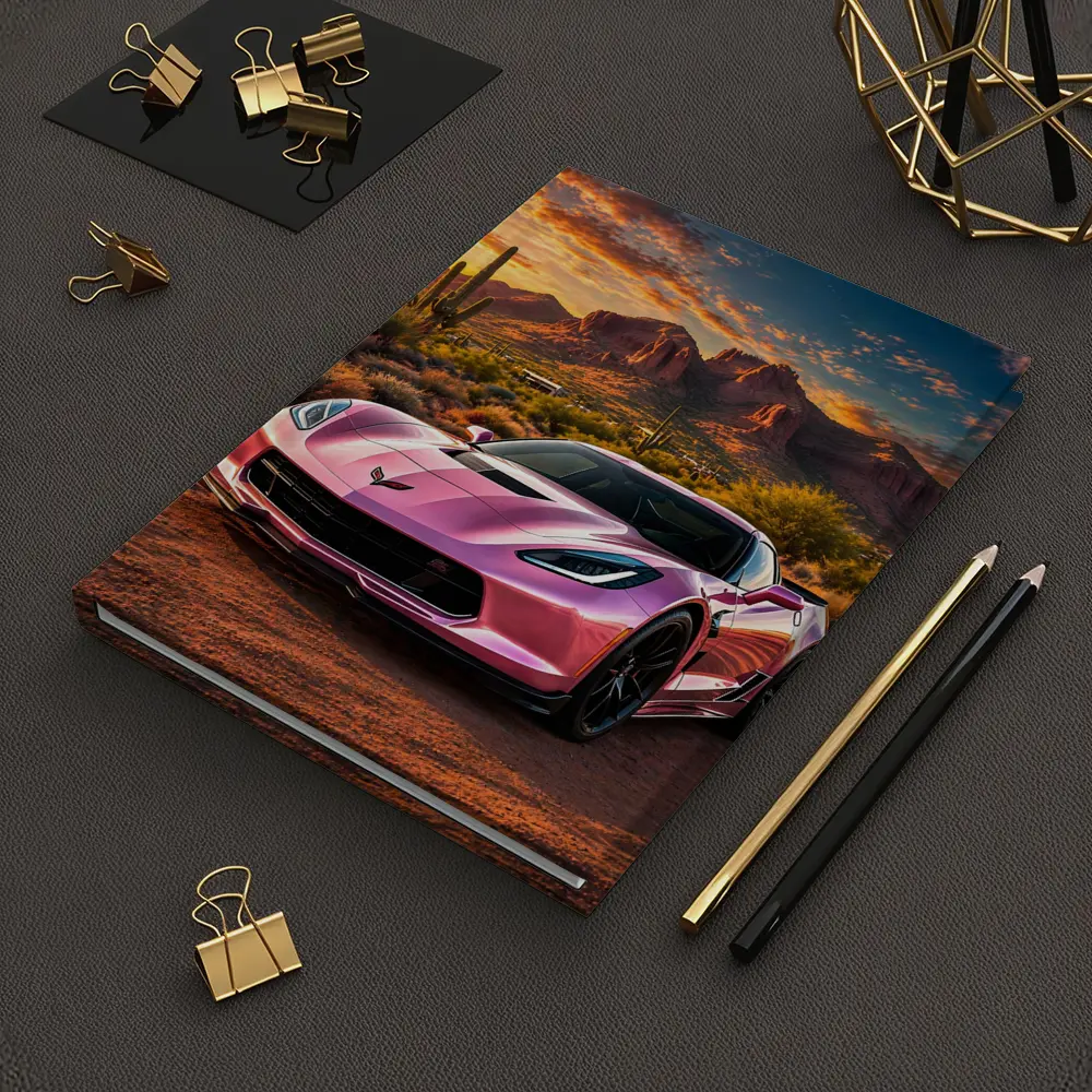 Pink Chevrolet Corvette Desert Sunset Scene – Notebooks