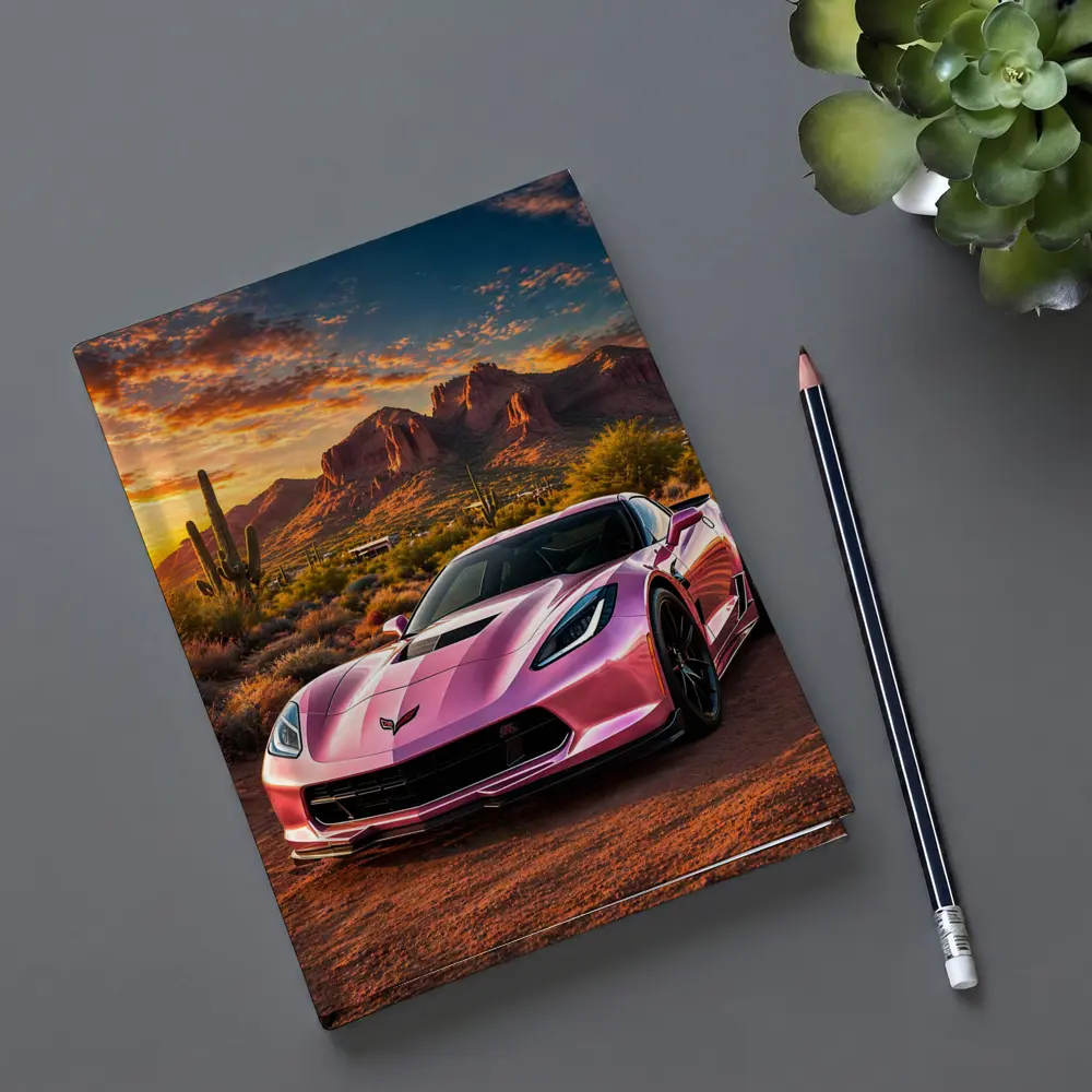 Pink Chevrolet Corvette Desert Sunset Scene – Notebooks